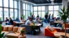 Espace de coworking moderne à Bruxelles avec lumière naturelle.
